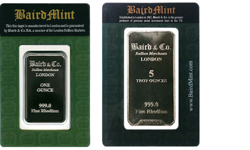 Baird Mint 1 Ounce Rhodium Bar and Baird Mint 5 Ounce Rhodium Bar