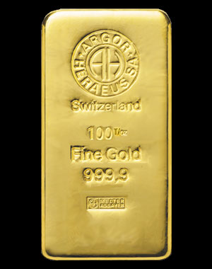 Heraeus Precious Metals Gold Bullion Bar 100 OZ Obverse