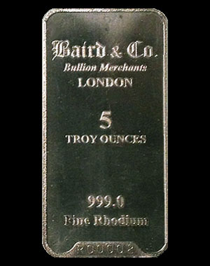 Baird & Co. Rhodium Bullion Bar 5 OZ Obverse